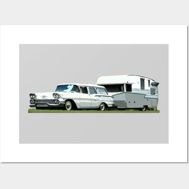 1958 Chevy Brookwood Wagon pulling a Shasta Camper Wall Art by mal_photography